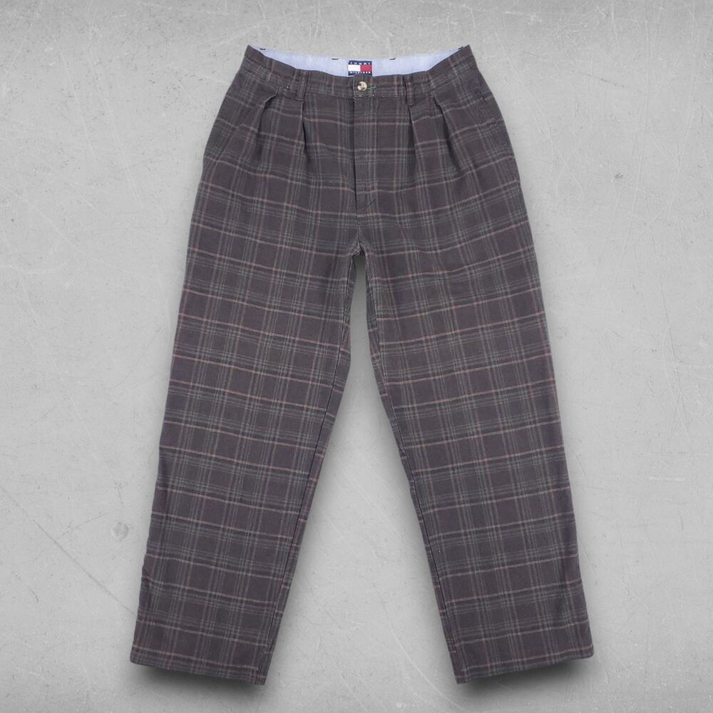 Tommy Hilfiger Pants Men 33 Plaid Straight Leg Pleated Waist Preppy Retro VTG